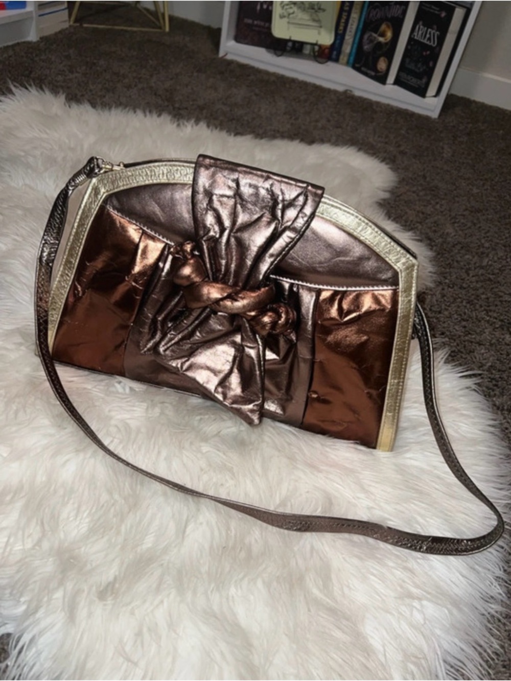 Vintage Metallic Bronze Knot-Front Shoulder Bag